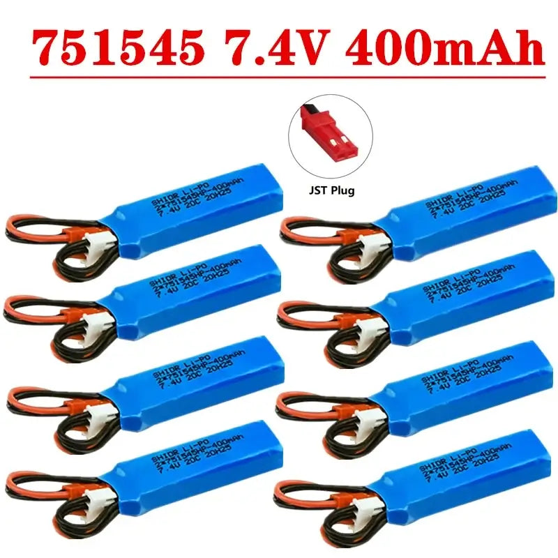 RC Car Battery 7.4V 400mAh pack with JST plug for remote control vehicles.