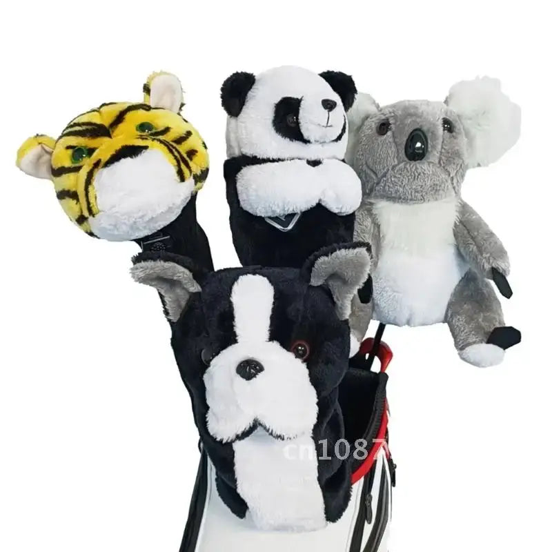 Cartoon Animal Golfing Club Cover featuring plush panda, koala, dog, and tiger head covers for golf clubs.