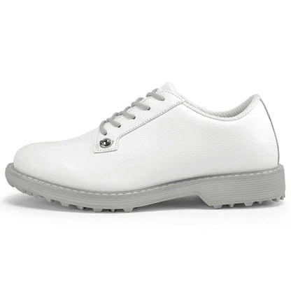 women's leather golf shoes in white with cushioned footbed and responsive sole for comfort and support on the course.