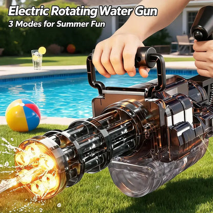 Electric water cannon for adults showcasing electric rotating water gun with three modes for summer fun by the pool.