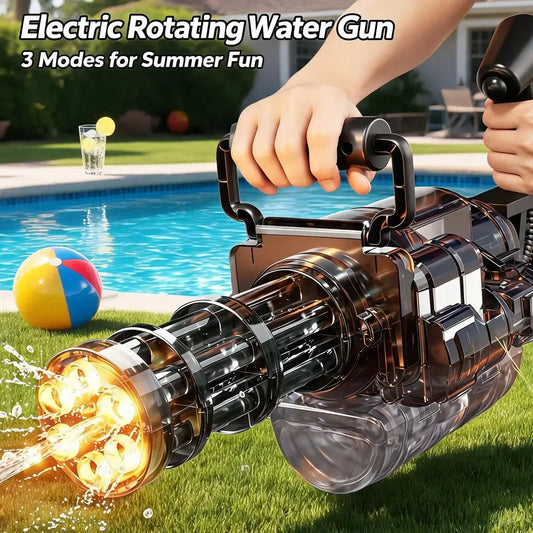 Electric water gun cannon for adults with rotating feature for outdoor summer fun by the pool.