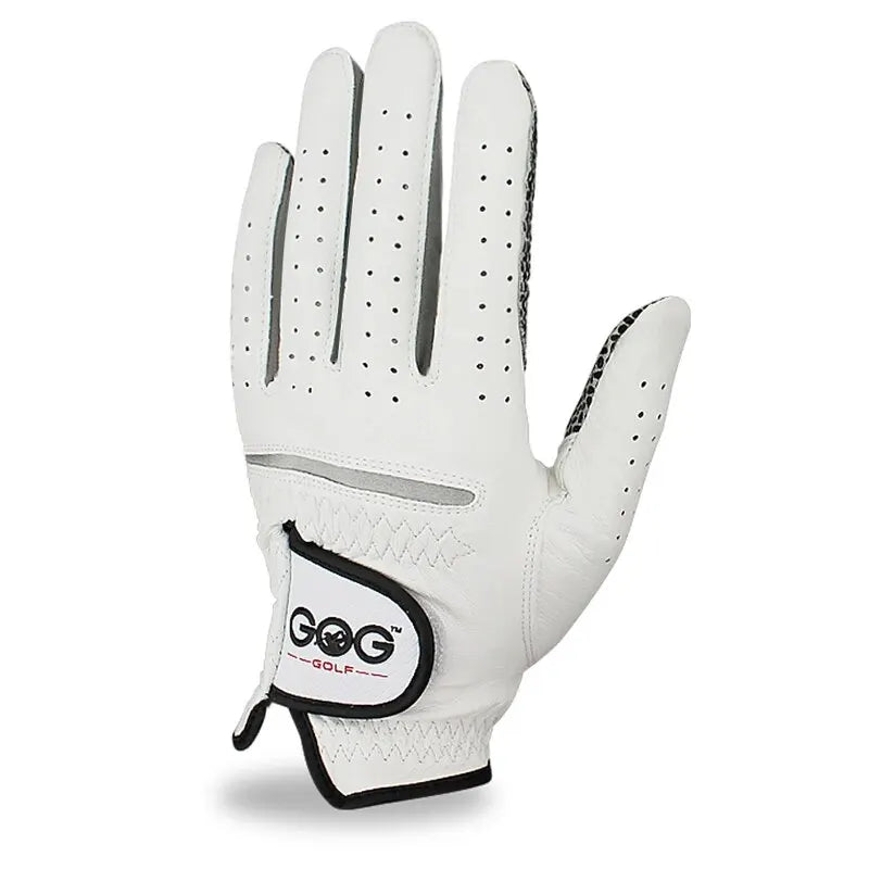 breathable sheepskin golf gloves featuring a sleek white design and ventilation holes for comfort during play.