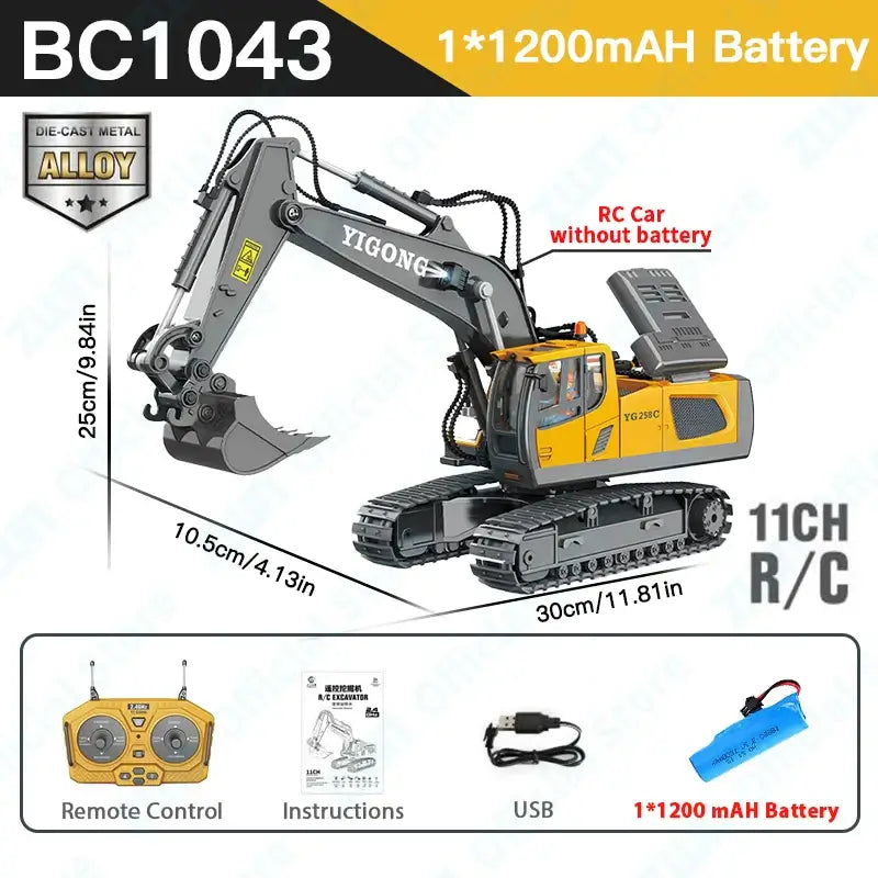 ZWN 2.4G Remote Control Excavator Dump Truck RC Model with 1*1200mAh battery and remote control specifications