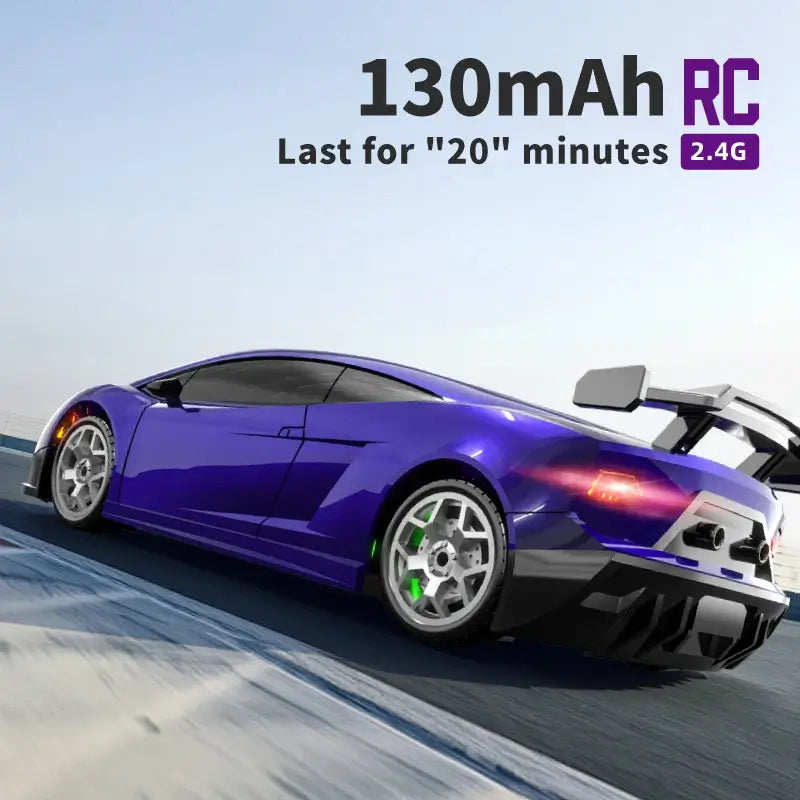 Kids remote control drift car in purple, showing features like 130mAh battery and 20 minutes operation time.