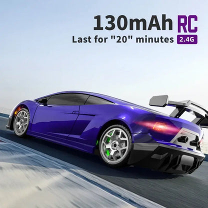 Kids remote control drift car in purple, showing features like 130mAh battery and 20 minutes operation time.