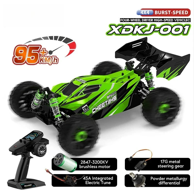 high speed 4WD RC cars XDKJ-001 in green, showcasing 95KM/H speed with features like brushless motor and metal steering gear.