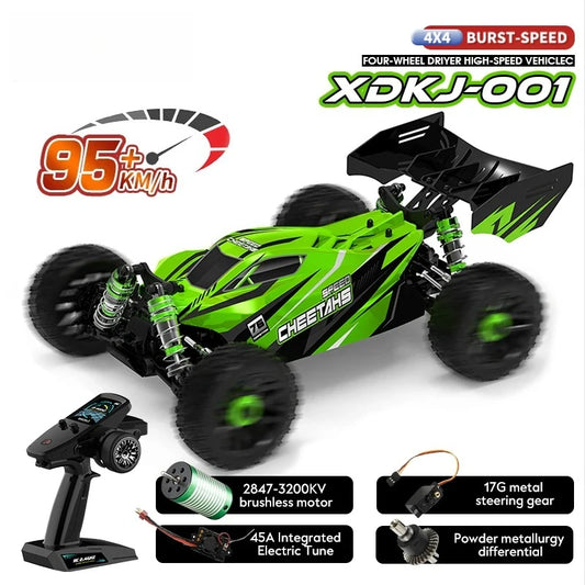 high speed 4WD RC cars XDKJ-001 in green, showcasing 95KM/H speed with features like brushless motor and metal steering gear.