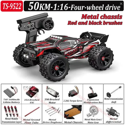 RC Car 80 Kilometers or 50 Kilometers with four-wheel drive and metal chassis in red and black colors.