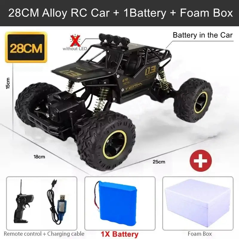 28CM Alloy RC Car Remote Control Climbing Vehicle with battery, remote, and foam box for tough outdoor terrains.