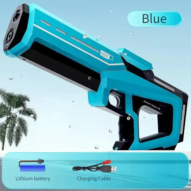 42cm Electric Water Guns in blue color, featuring a lithium battery and charging cable for high-pressure automatic use.