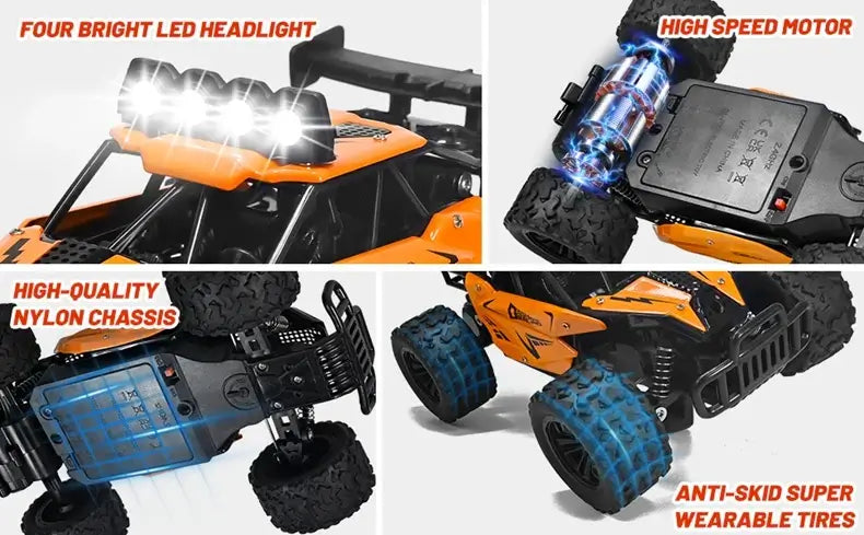 Image showcasing features of 116 RC Car Remote Control Car, including LED headlights, high-speed motor, nylon chassis, and anti-skid tires.