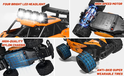 116 RC Car Remote Control with four LED headlights, high-speed motor, nylon chassis, and anti-skid tires.