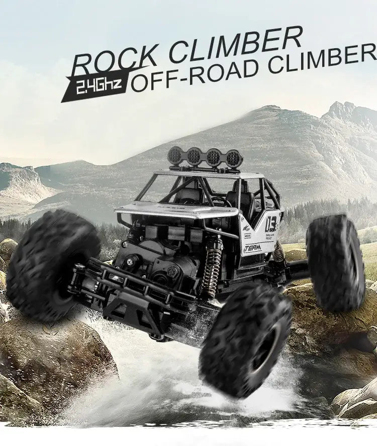 RC Car Remote Control Climbing Vehicle off-road climbing through rocky terrain in outdoor adventure setting