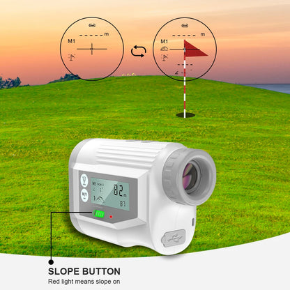 golf laser rangefinder with slope compensation displaying distance to target on a green golf course