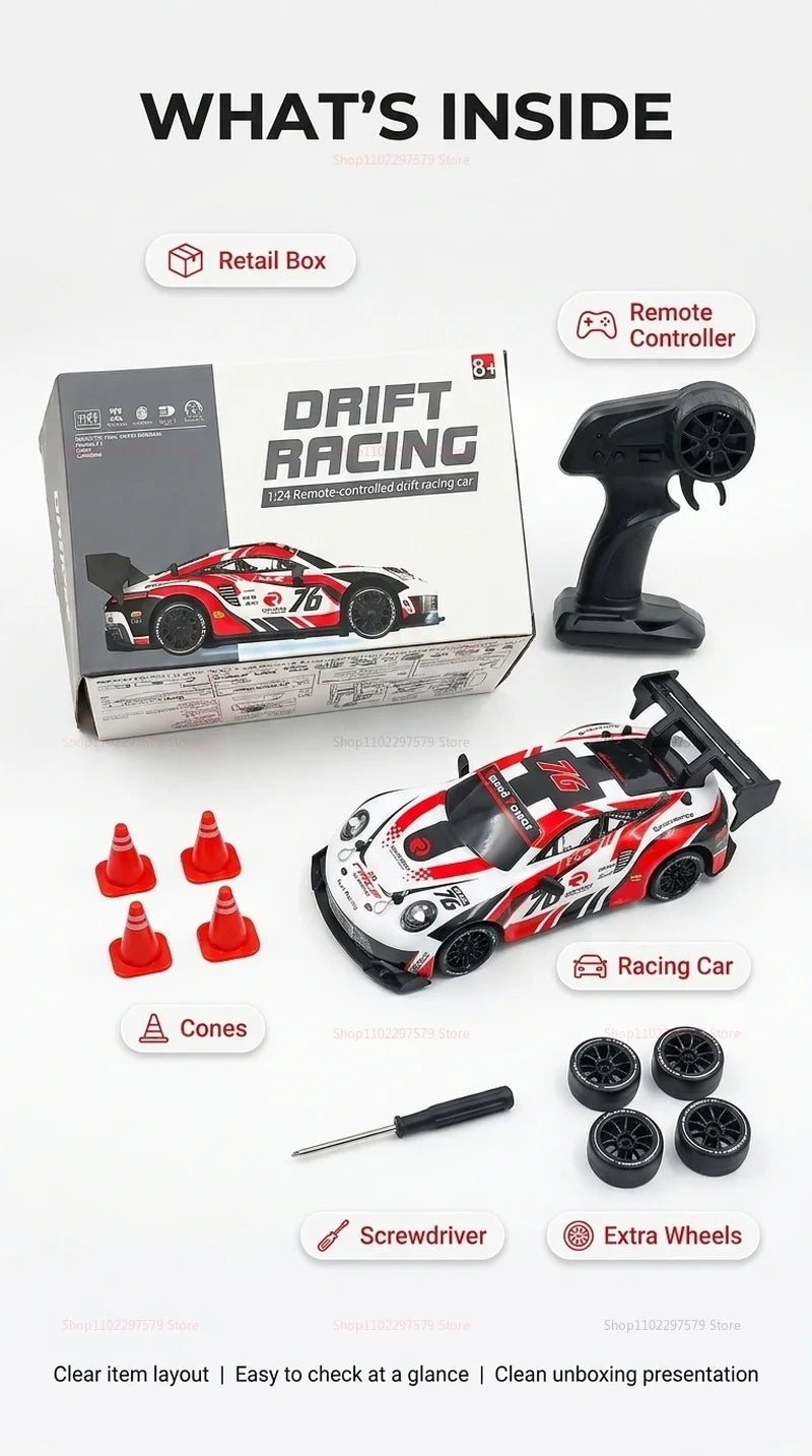 RC drift cars for kids packaging with racing car, remote controller, cones, wrench, and extra wheels.