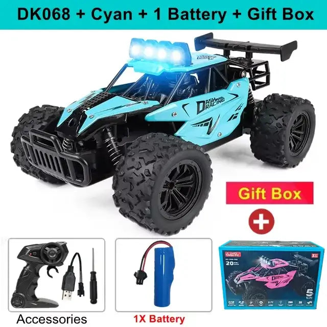 116 RC Car Remote Control Car in cyan with accessories, battery, and gift box, featuring LED lights and off-road tires.