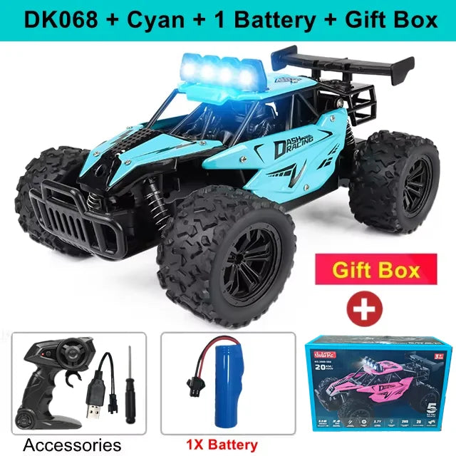 116 RC Car Remote Control with gift box and accessories including battery, remote control, and charging cable.