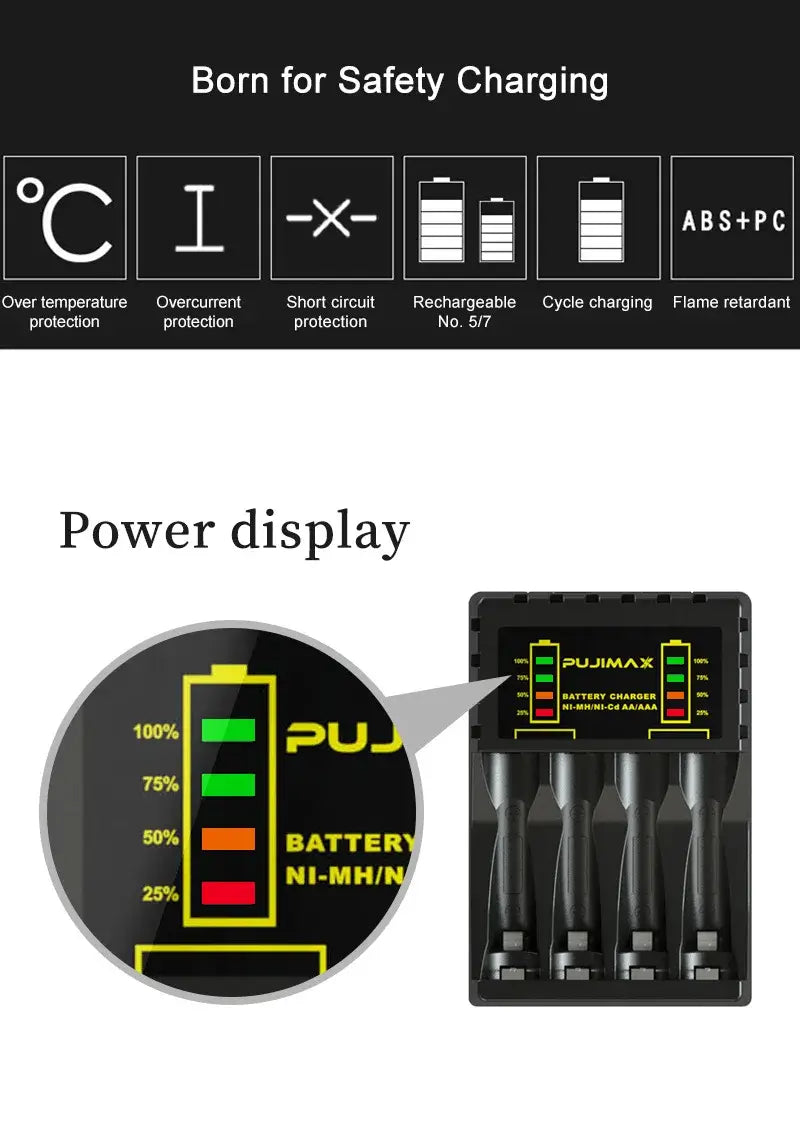Battery Charger 4 Slots Intelligent LED with power display and safety features including overcharge protection.