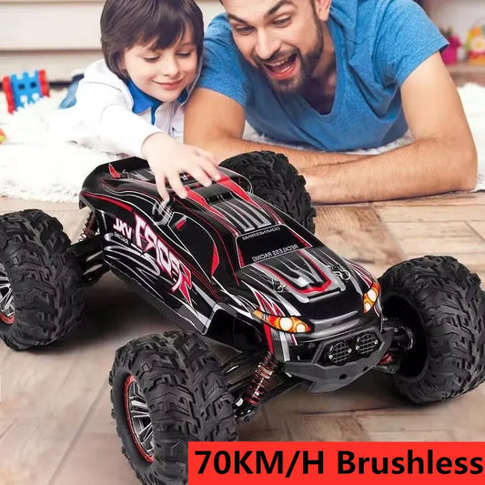 high-speed off-road RC car being enjoyed by a child and adult, featuring 70KM/H Brushless technology.