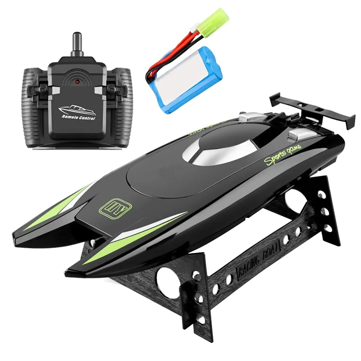 RC Boat 2.4Ghz 25kmh high-speed remote control racing ship with controller and battery.