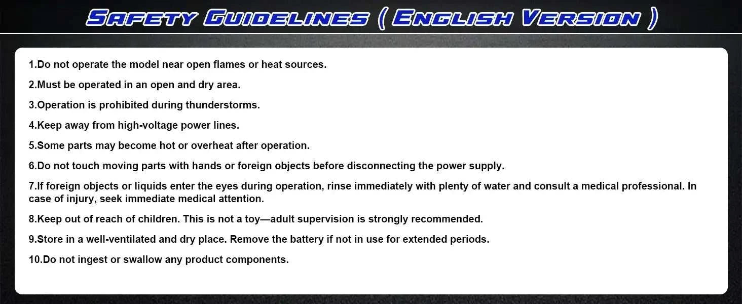Safety guidelines for Lithium Battery RC Truck operation to ensure safe use and prevent accidents.