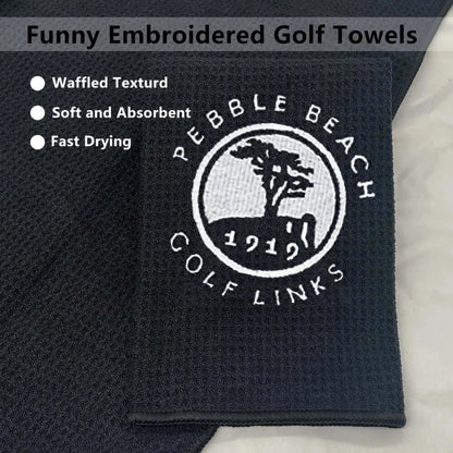Embroidered 1919 Golf Towel showcasing Pebble Beach Golf Links design with waffled texture for softness and fast drying.