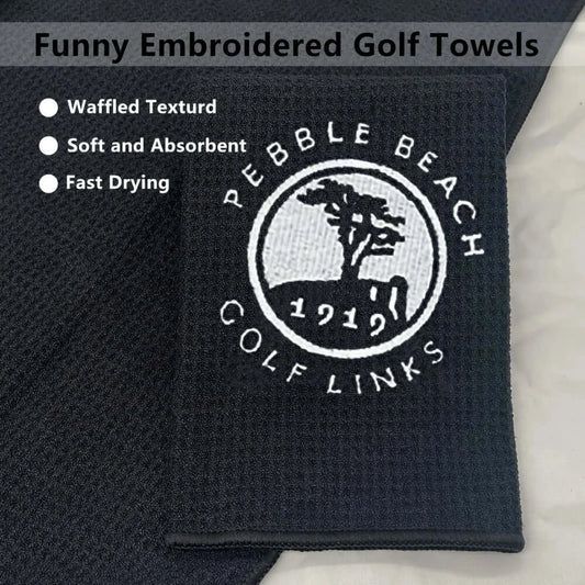 Funny Embroidered Golf Towels featuring waffled texture, soft and absorbent, fast drying with Pebble Beach Golf Links logo.