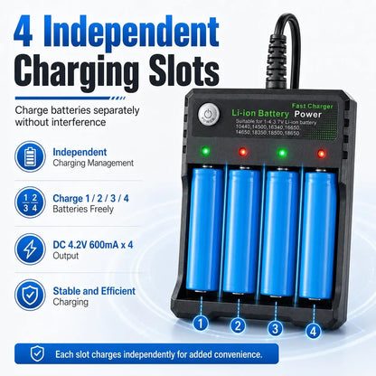 Battery Charger 4 Slots AC with 4 independent charging slots for efficient 18500 battery charging.