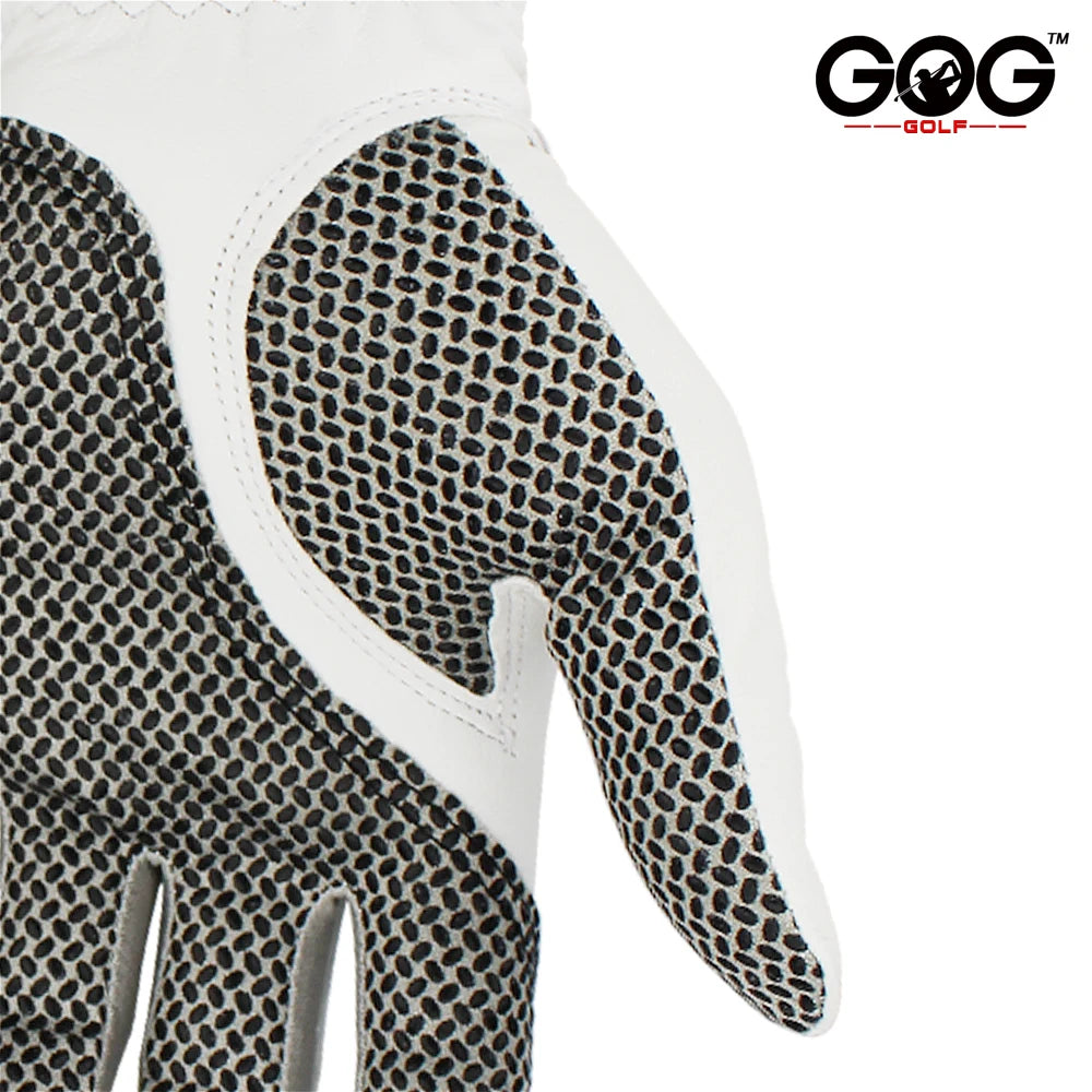 Close-up of breathable sheepskin golf gloves showcasing the textured palm for better grip and comfort.