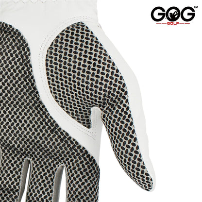 Close-up of breathable sheepskin golf gloves showcasing the textured palm for better grip and comfort.