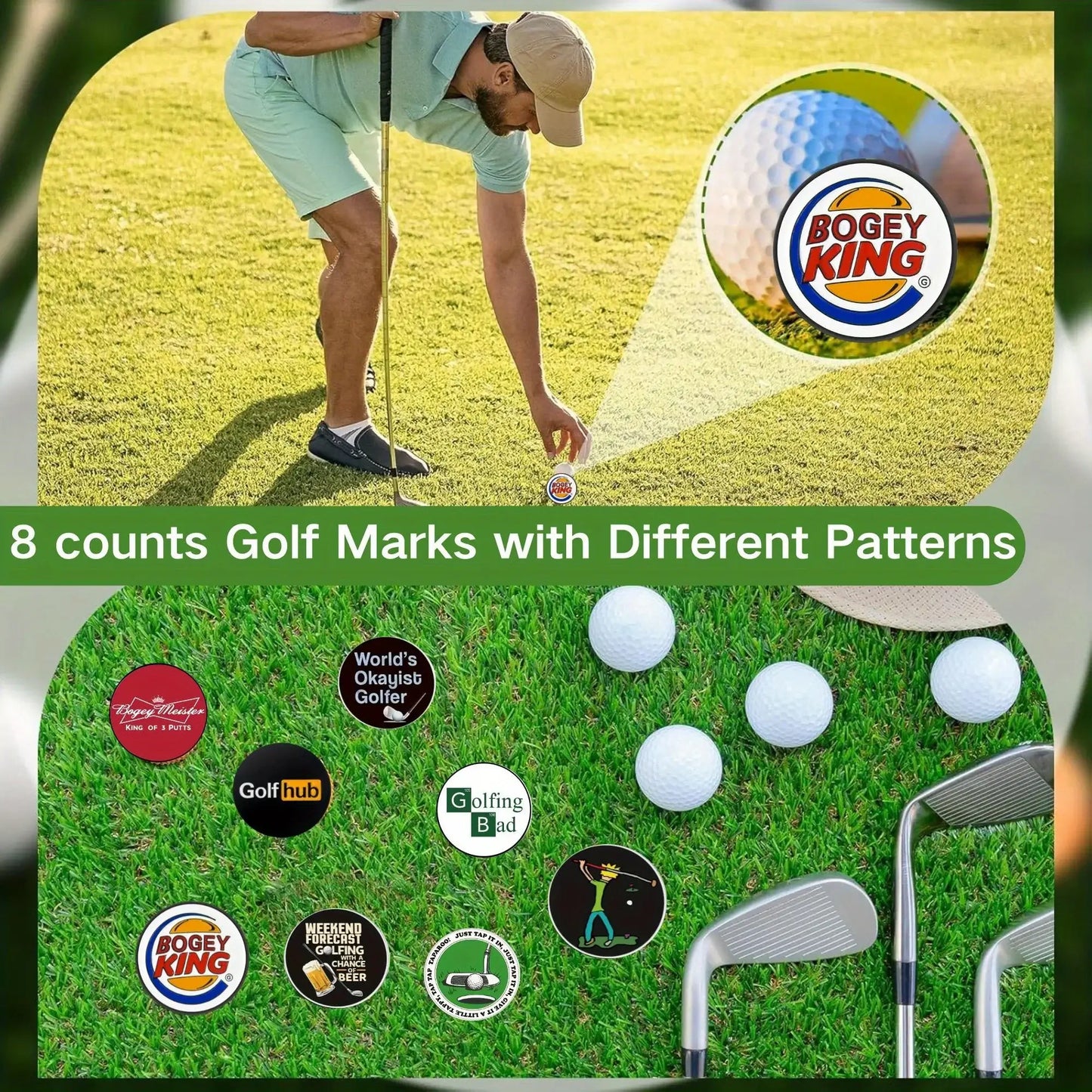 8 counts Funny Happy Gilmore Golf Ball Marker Sets showcasing unique designs and patterns on a golf course.