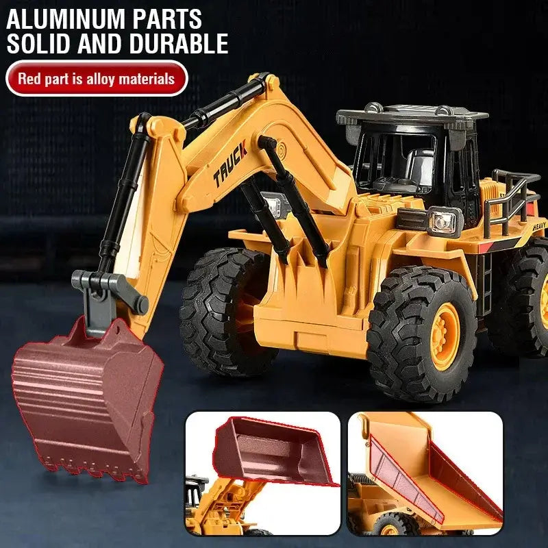 Excavator Bulldozer Dump Truck showing aluminum parts with solid and durable design and alloy materials in the red part.