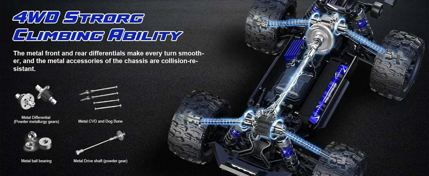 Lithium Battery RC Truck showcasing 4WD strong climbing ability and durable metal chassis components.