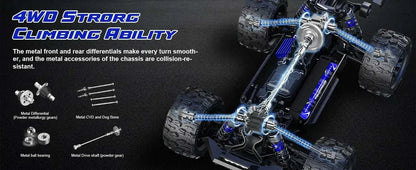 Lithium Battery RC Truck showcasing 4WD strong climbing ability and durable metal chassis components.