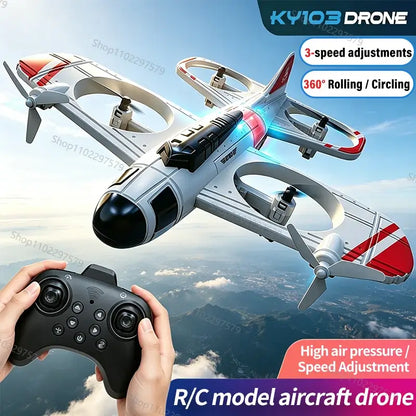 RC Airplane 2.4G Radio Remote Control soaring above the clouds with a remote controller in hand.