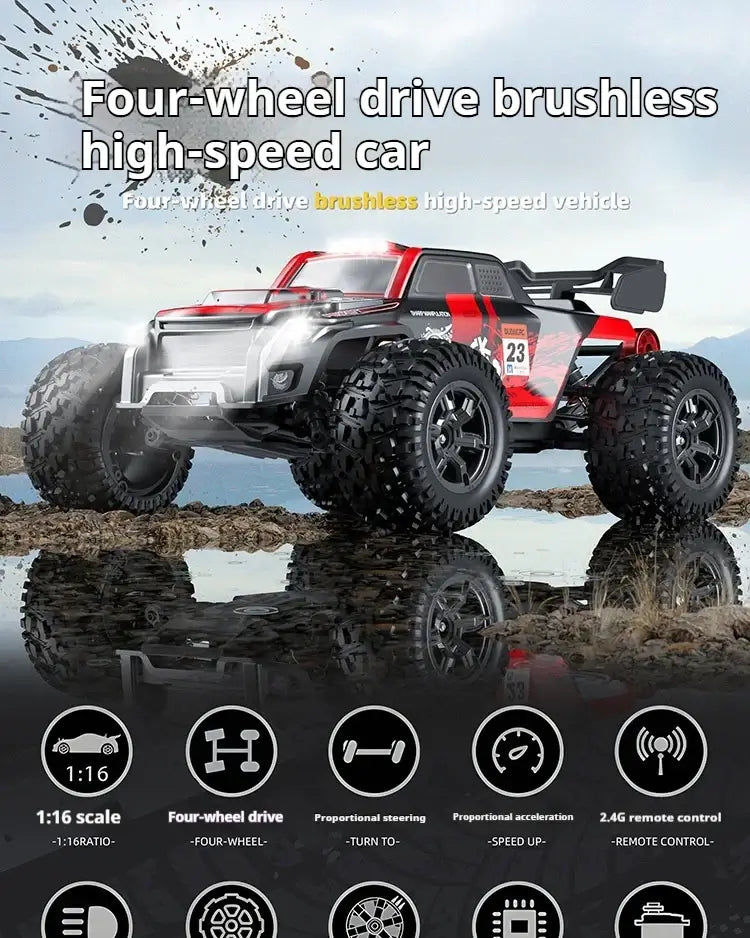 High-speed 4WD RC truck in action near water, showcasing its brushless four-wheel drive features.