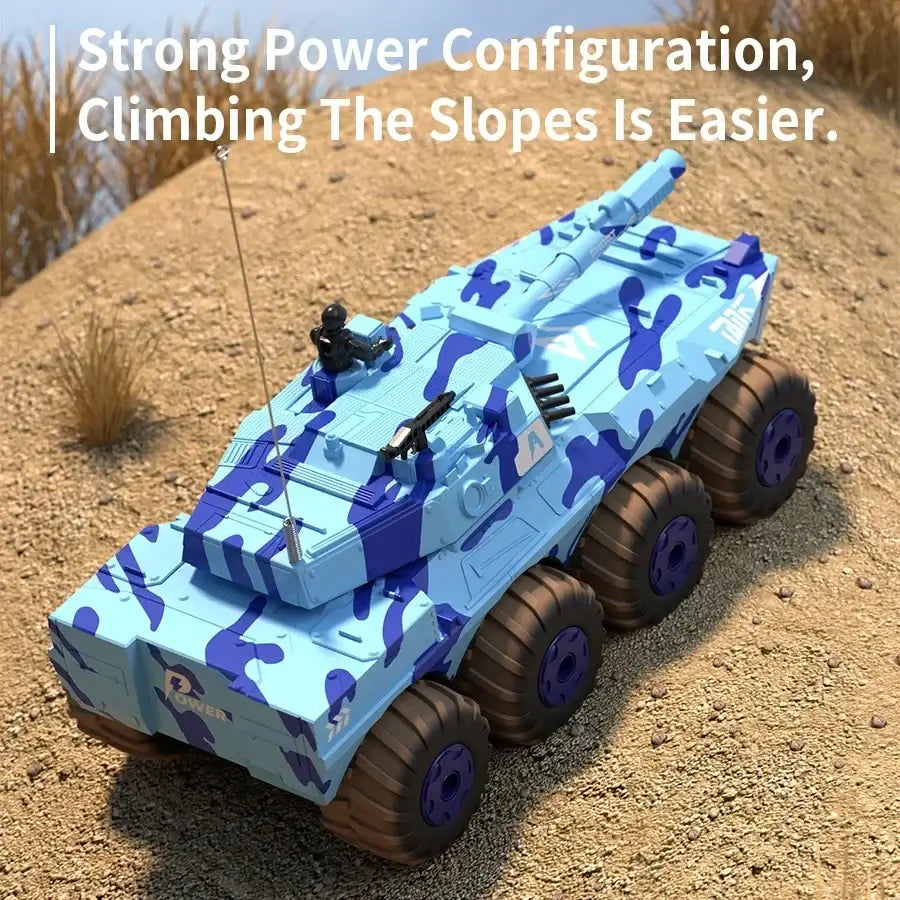 Large Rc Tank Buggy Car 1/32 in blue camouflage, showcasing its strong power configuration and ability to climb slopes.