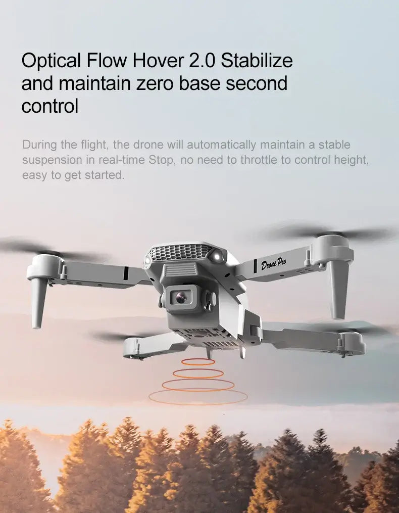 New E88 RC Drone in flight with advanced optical flow hover feature and scenic background.