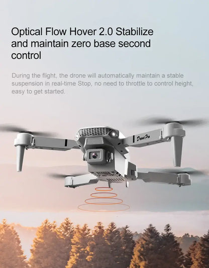 New E88 RC Drone in flight with advanced optical flow hover feature and scenic background.