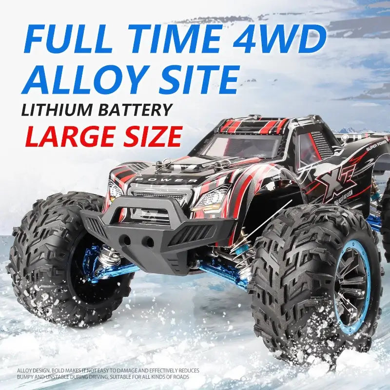 90kmh brushless rc racing car featuring full-time 4WD, alloy design, lithium battery, and large size suitable for all terrains.