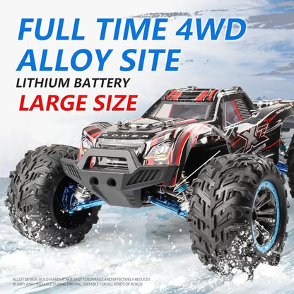 90kmh brushless rc racing car featuring full-time 4WD, alloy design, lithium battery, and large size suitable for all terrains.