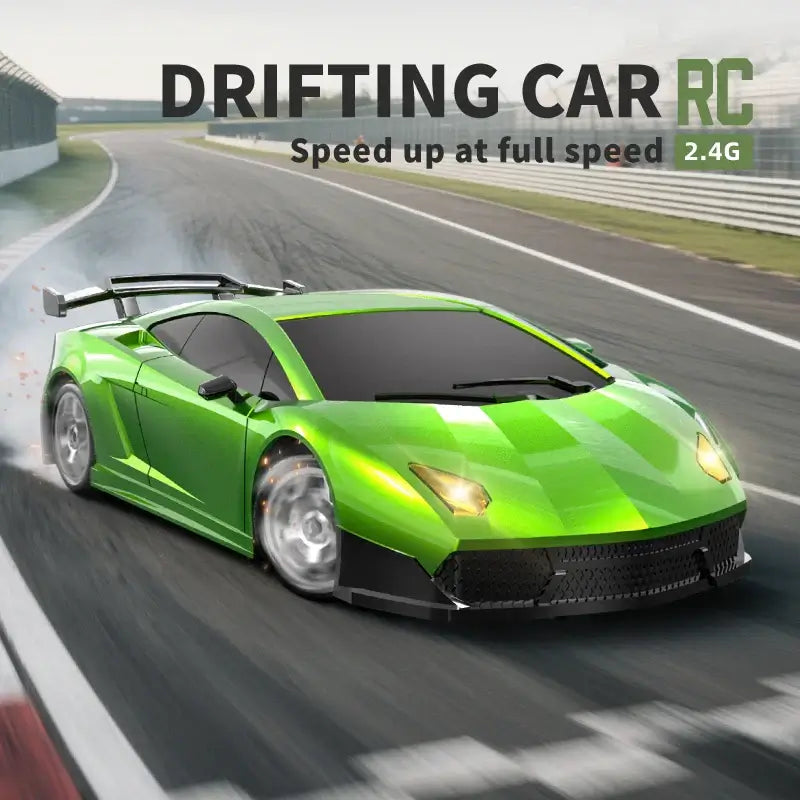 Kids remote control drift car speeding on a racing track, showcasing its 2.4G control technology.