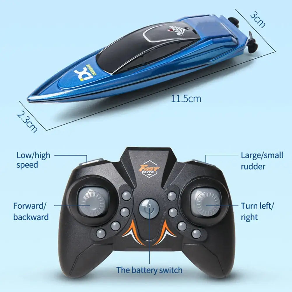 RC Boat High Speed Electric Ship with remote control features and dimensions displayed