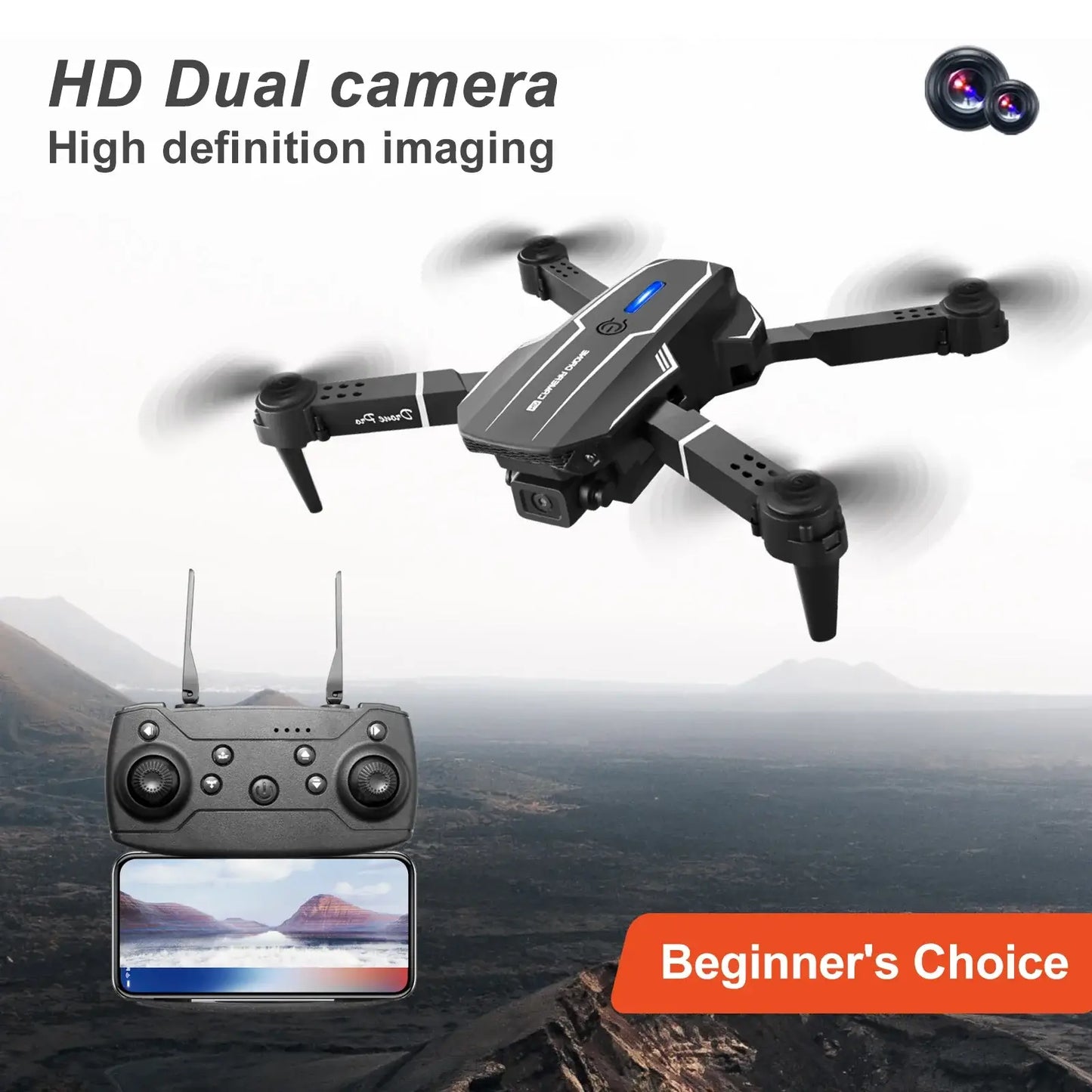 Foldable RC drone with dual camera and remote controller, showcasing high definition imaging capabilities.