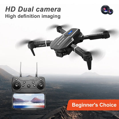 Foldable RC drone with dual camera and remote controller, showcasing high definition imaging capabilities.