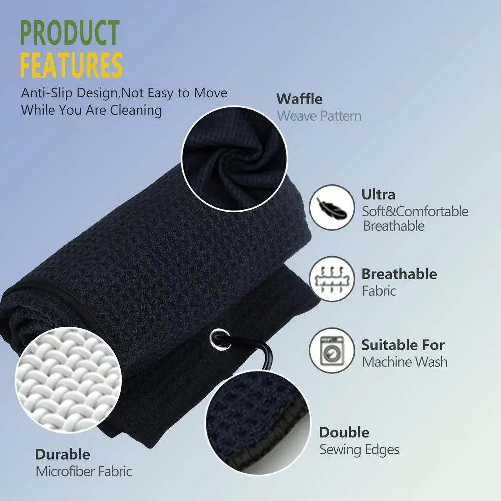 Embroidered 1919 Golf Towel features including anti-slip design, waffle weave pattern, and breathable microfiber fabric.