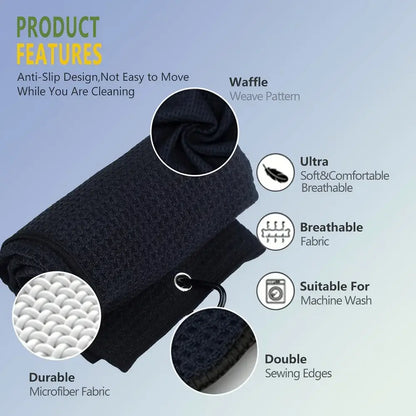Embroidered 1919 Golf Towel features including anti-slip design, waffle weave pattern, and breathable microfiber fabric.