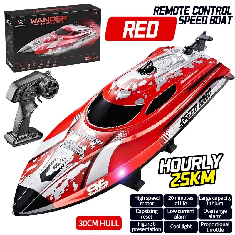 HJ820 RC Battery Boat 2.4Ghz 25km/h High-Speed Remote ControlExperience precision control on the water with the HJ820 RC Battery Boat, engineered for high-speed performance. This 2.4GHz remote control boat delivers impressive 25km/h speeds, making it idea