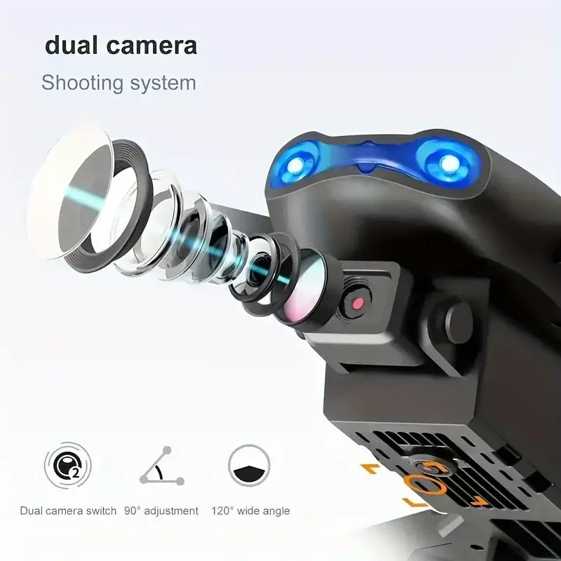 E99 PRO drone with dual camera showing dual camera shooting system with adjustable lenses and wide-angle features.