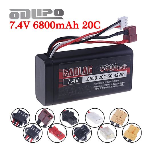 18650 Li-ion Battery 7.4V 6800mAh showcasing product specifications and available connectors.